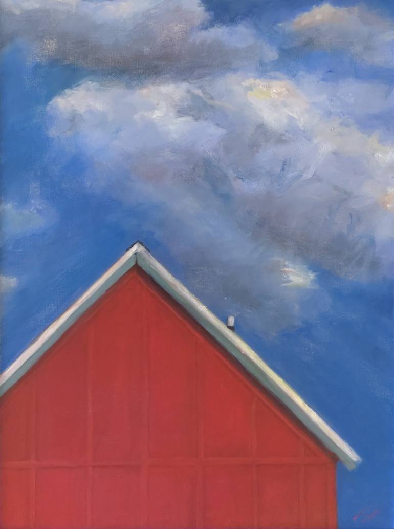The Red on the Blue, oil painting by Sam Bishop of a red barn roofline against a blue sky with white clouds